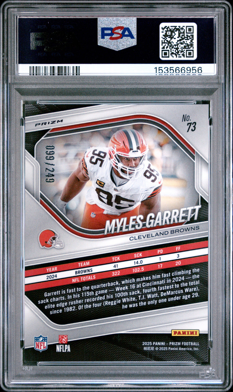 Myles Garrett 2025 Panini Prizm Orange Prizm 99/249 #73 PSA 9-2