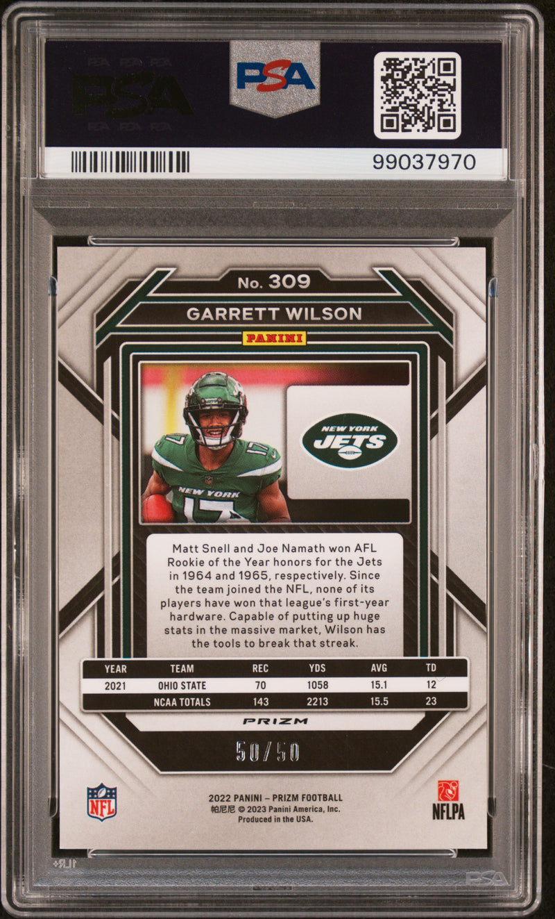 Garrett Wilson 2022 Panini Prizm No Huddle Red 50/50 #309 PSA 8-2