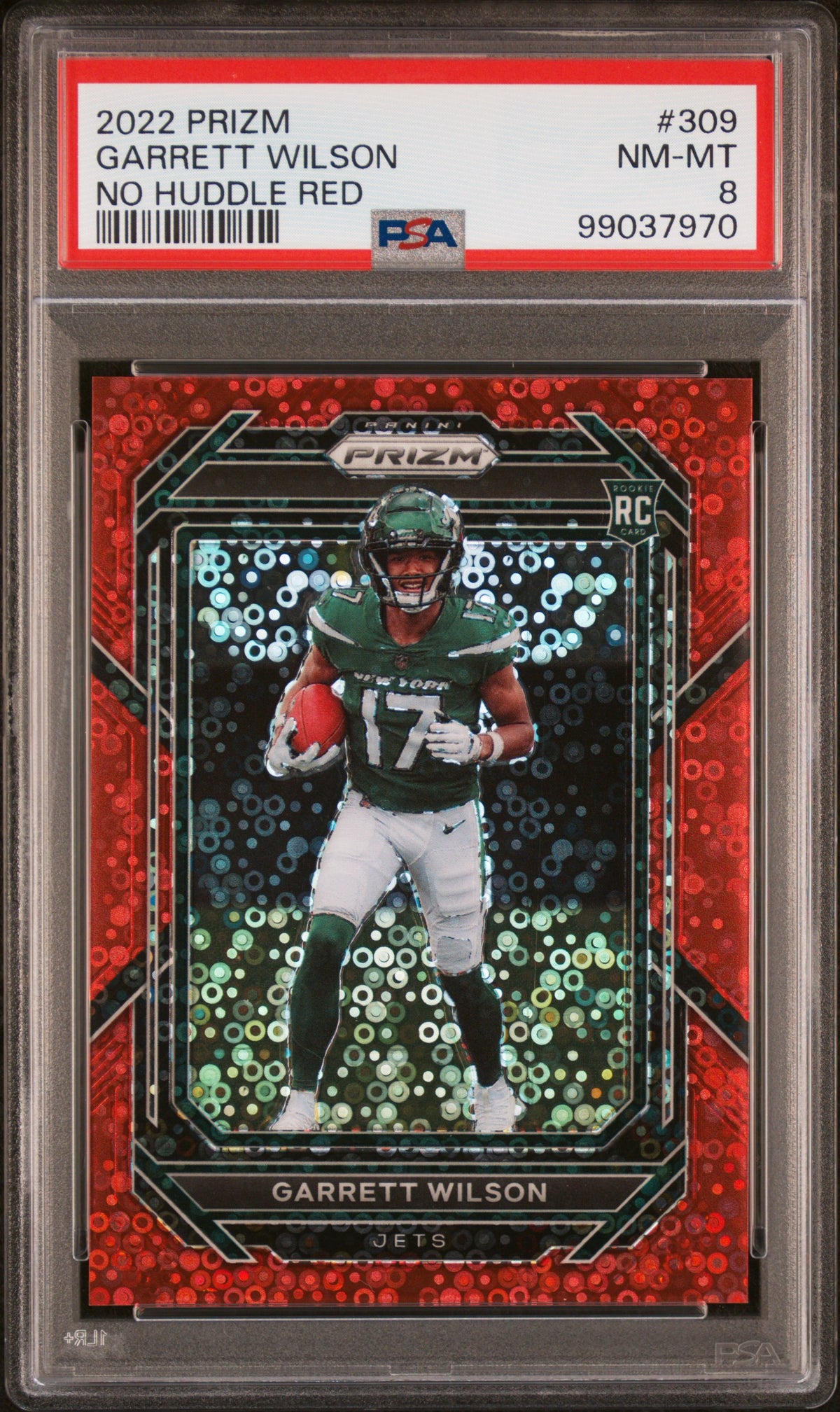 Garrett Wilson 2022 Panini Prizm No Huddle Red 50/50 #309 PSA 8-1