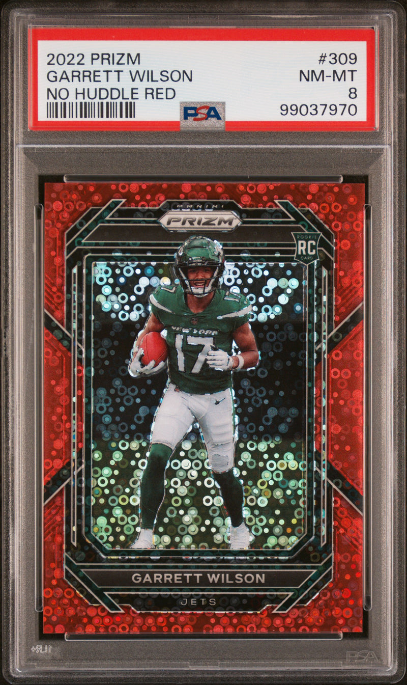 Garrett Wilson 2022 Panini Prizm No Huddle Red 50/50 #309 PSA 8-1