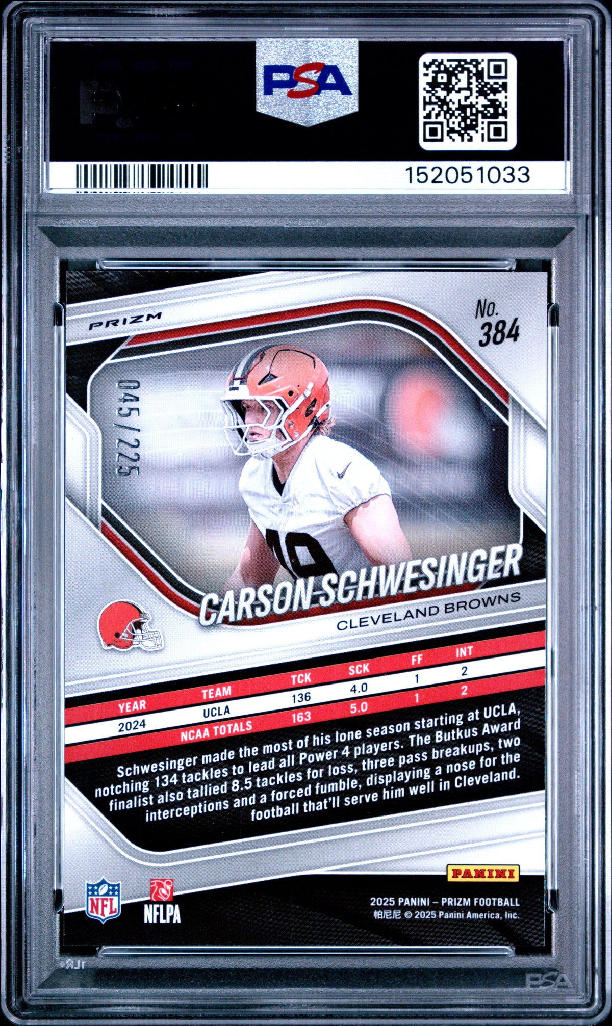 Carson Schwesinger 2025 Panini Prizm Purple Ice 45/225 #384 PSA 10-2