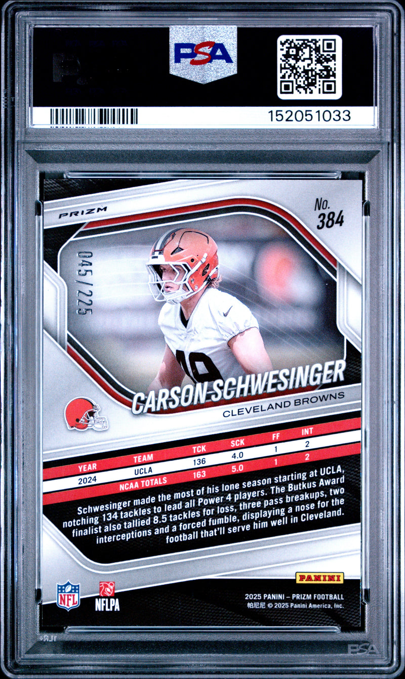 Carson Schwesinger 2025 Panini Prizm Purple Ice 45/225 #384 PSA 10-2