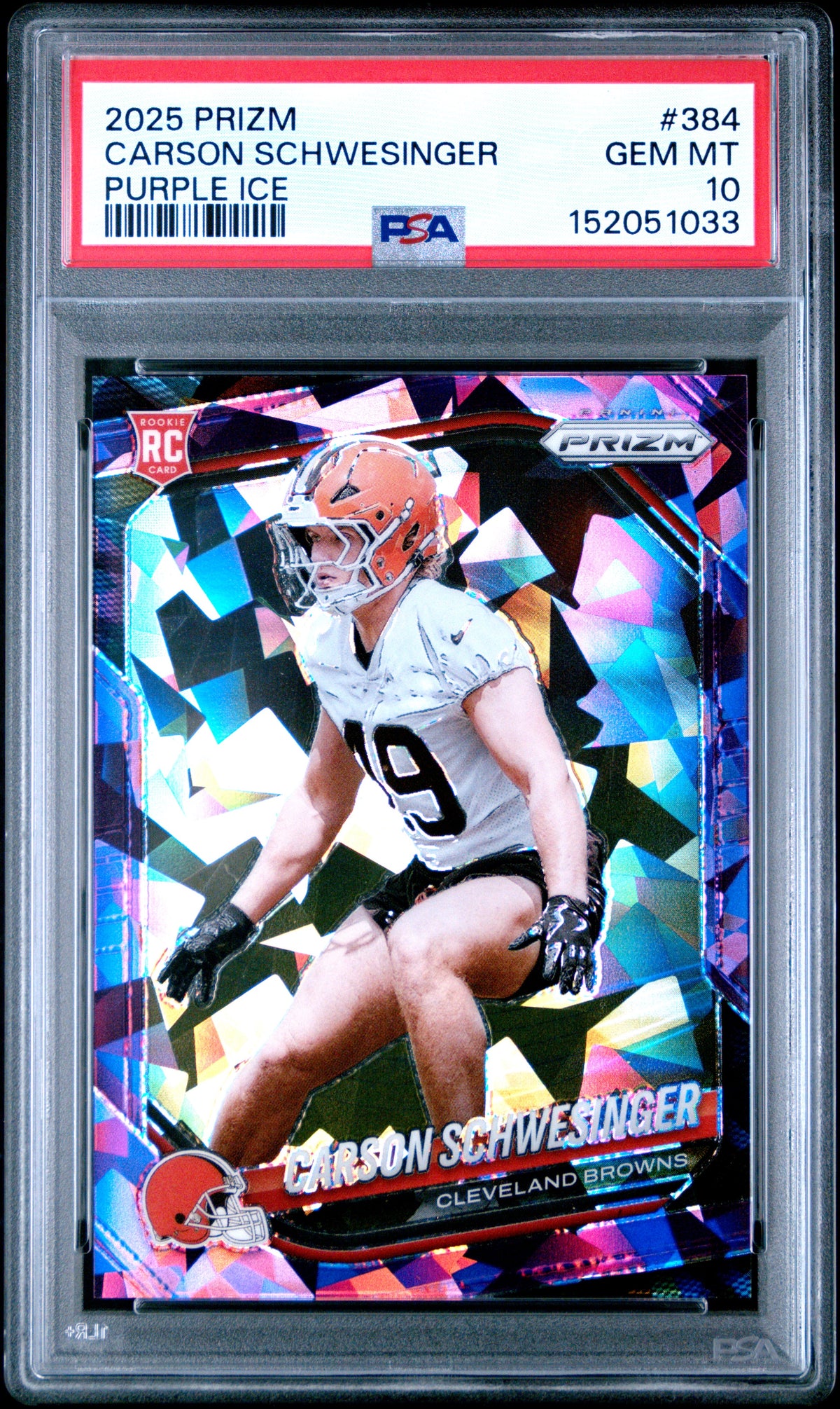 Carson Schwesinger 2025 Panini Prizm Purple Ice 45/225 #384 PSA 10