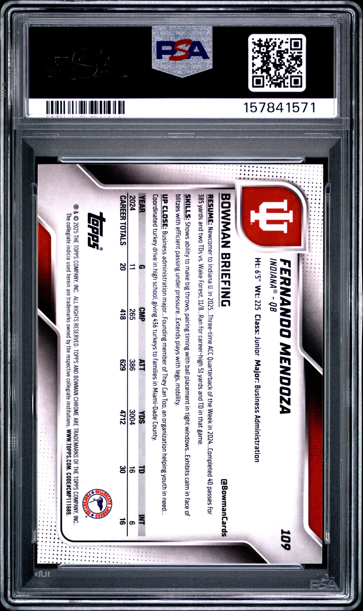Fernando Mendoza 2025 Bowman University Chrome #109 PSA 10-2