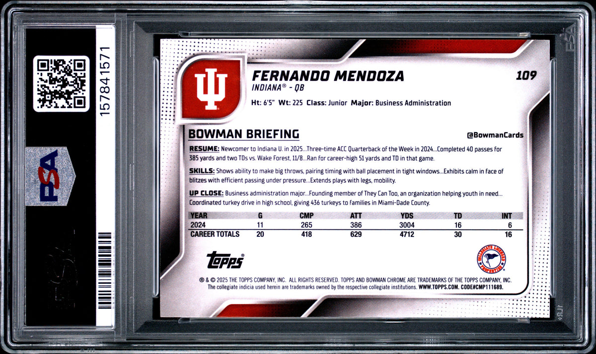 Fernando Mendoza 2025 Bowman University Chrome #109 PSA 10