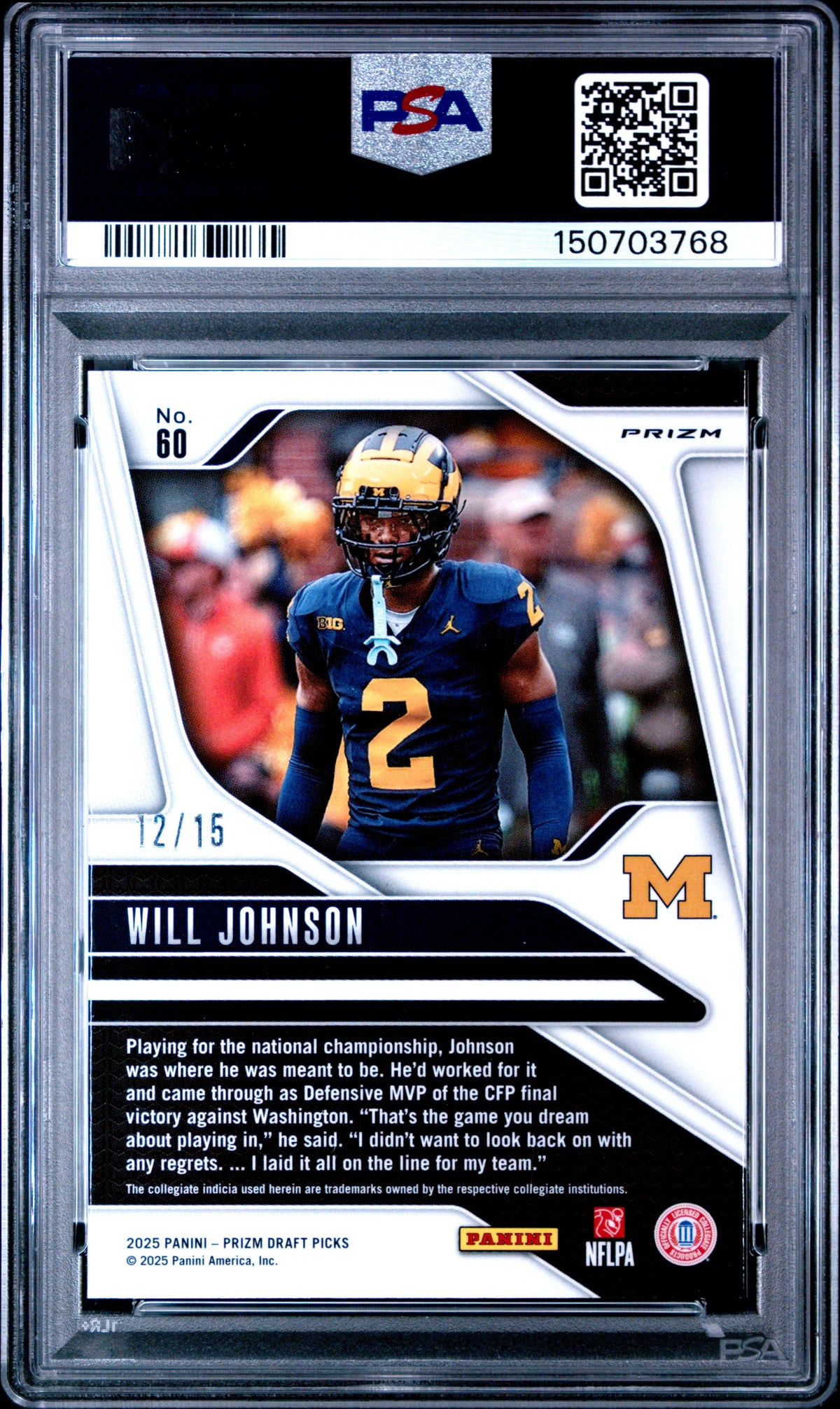Will Johnson 2025 Panini Prizm Draft Picks Gold Shimmer 12/15 #60 PSA 10-2