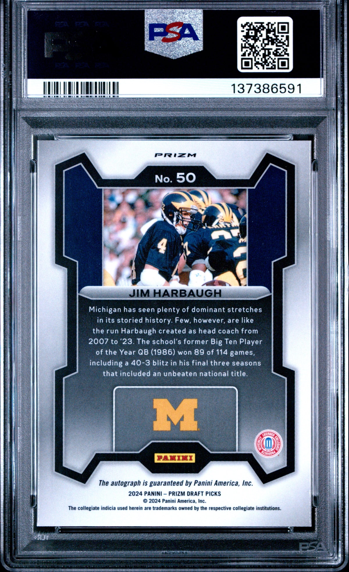 Jim Harbaugh 2024 Panini Prizm Draft Picks Autograph #50 PSA 10-2