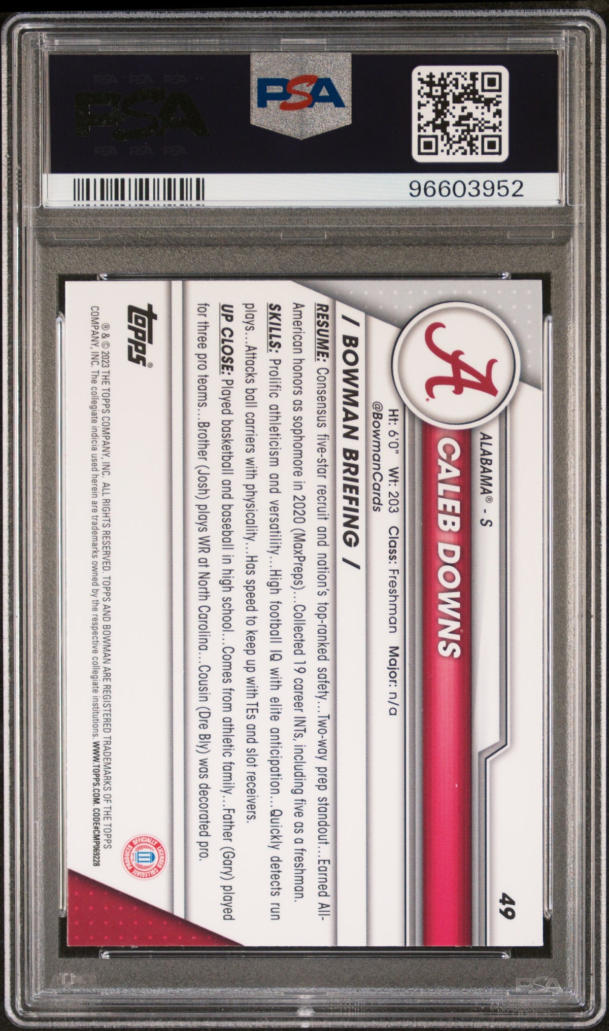 Caleb Downs 2023 Bowman University Chrome Sapphire #49 PSA 10-2
