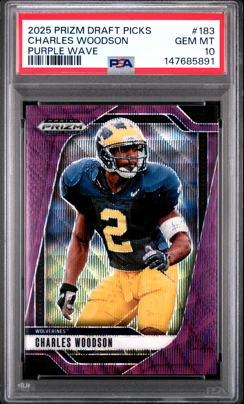 Charles Woodson 2025 Panini Prizm Draft Picks Purple Wave #183 PSA 10-1