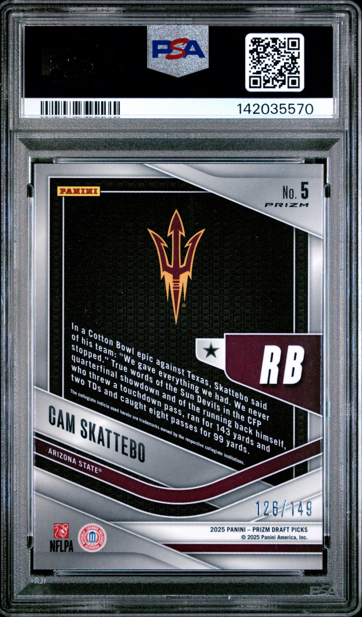 Cam Skattebo 2025 Panini Prizm Draft Picks Trophy Hunting-Blue Ice 126/149 #5 PSA 10-2