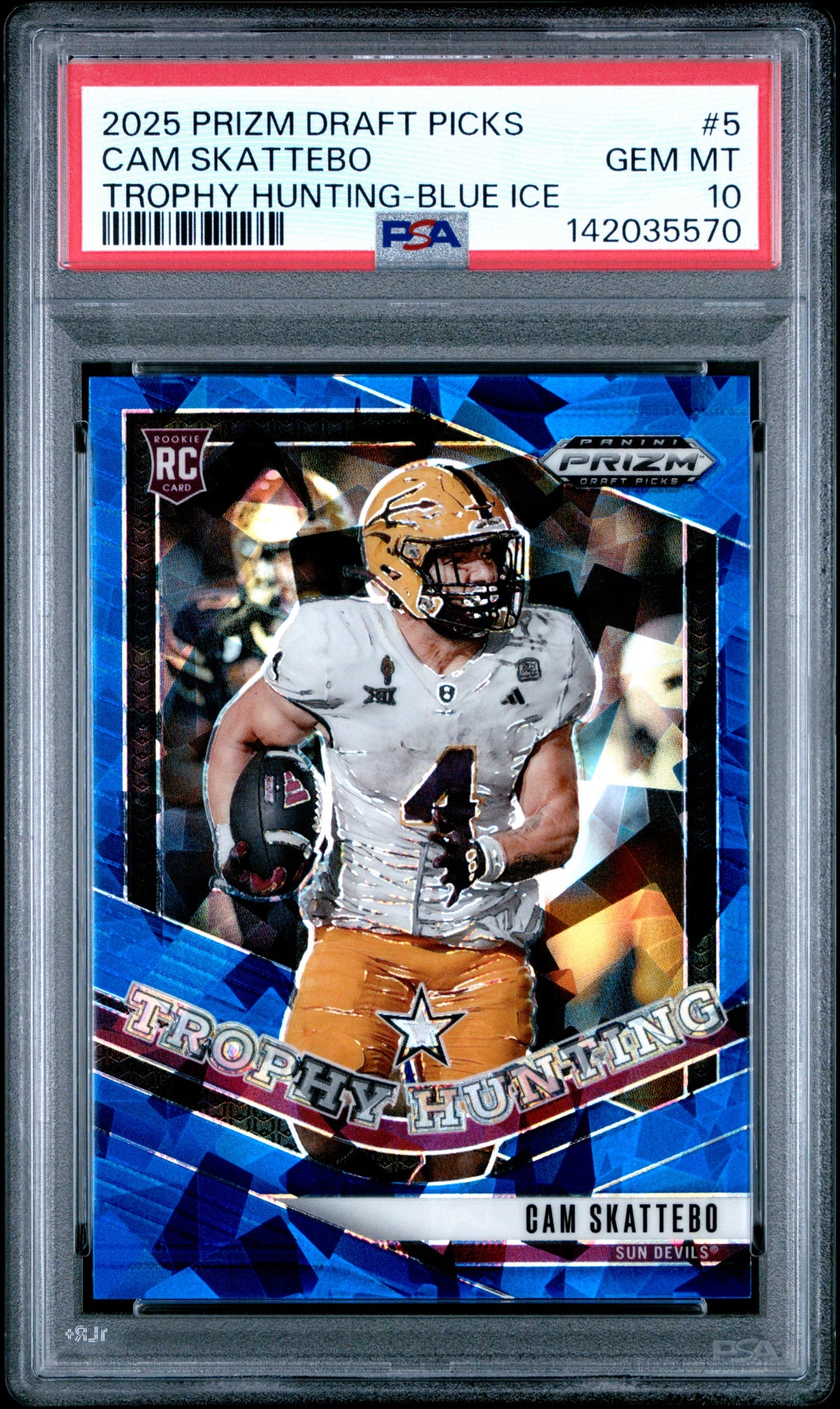 Cam Skattebo 2025 Panini Prizm Draft Picks Trophy Hunting-Blue Ice 126/149 #5 PSA 10