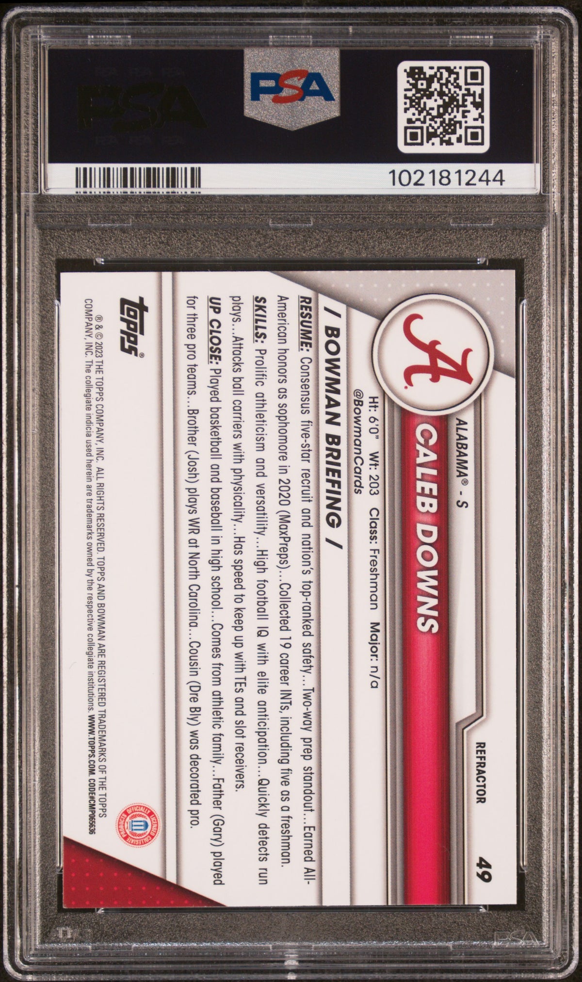 Caleb Downs 2023 Bowman University Chrome Refractor #49 PSA 10-2