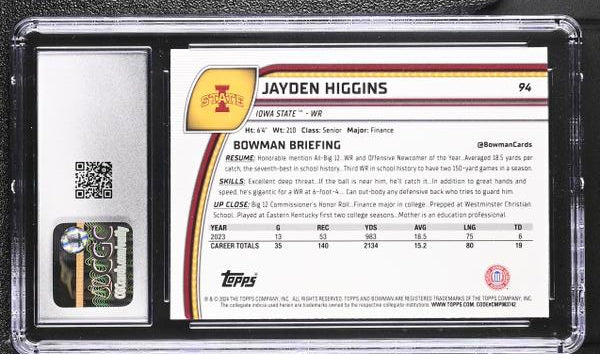 Jayden Higgins 2024 Bowman University Sapphire #94 CGC 10