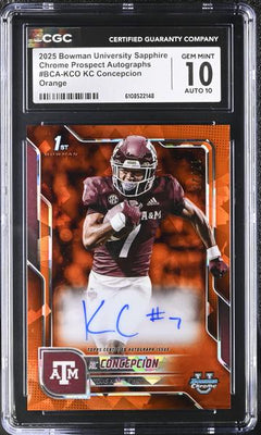KC Concepcion Orange 17/25 2025 Bowman University Sapphire Chrome Prospect Autographs #BCA-KCO CGC 10 Auto 10-1