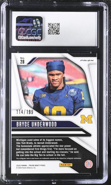 Bryce Underwood Purple Ice 114/199 2025 Prizm Draft Picks #28 CGC 10-2