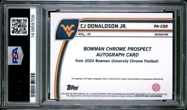 Cj Donaldson Jr. 2024 Bowman University Chrome Prospect Autographs Refactor #PA-CDO PSA 10