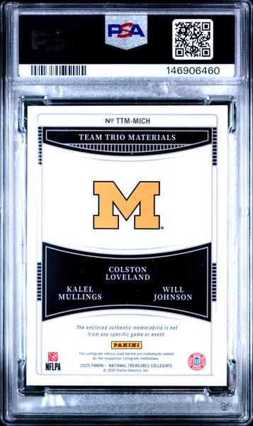 Colston Loveland/Kalel Mullings/Will Johnson 2025 Panini National Treasures Collegiate Team Trio Materials 89/99 #TTM-MICH PSA 9-2