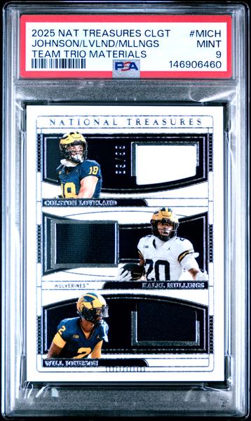 Colston Loveland/Kalel Mullings/Will Johnson 2025 Panini National Treasures Collegiate Team Trio Materials 89/99 #TTM-MICH PSA 9-1