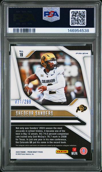 Shedeur Sanders 2025 Panini Prizm Draft Picks Blue Wave 31/299 #19 PSA 10-2