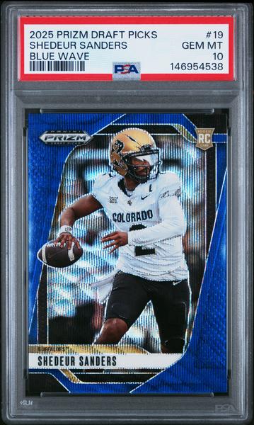 Shedeur Sanders 2025 Panini Prizm Draft Picks Blue Wave 31/299 #19 PSA 10
