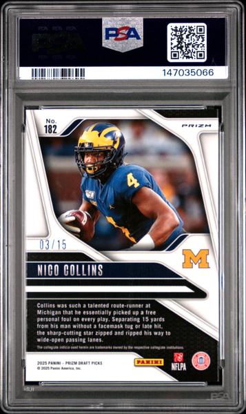 Nico Collins 2025 Panini Prizm Draft Picks Gold Shimmer 3/15 #182 PSA 10-2