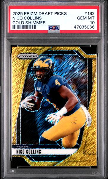 Nico Collins 2025 Panini Prizm Draft Picks Gold Shimmer 3/15 #182 PSA 10-1