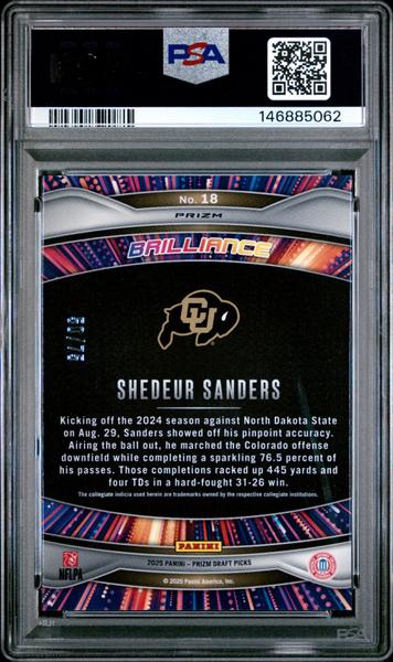 Shedeur Sanders 2025 Panini Prizm Draft Picks Brilliance Orange Pulsar 50/75 #18 PSA 10-2
