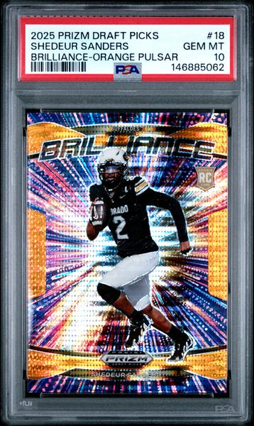Shedeur Sanders 2025 Panini Prizm Draft Picks Brilliance Orange Pulsar 50/75 #18 PSA 10-1