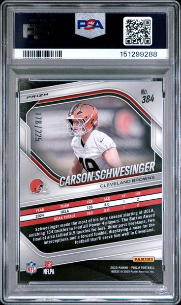 Carson Schwesinger 2025 Panini Prizm Purple Ice 178/225 #384 PSA 10-2