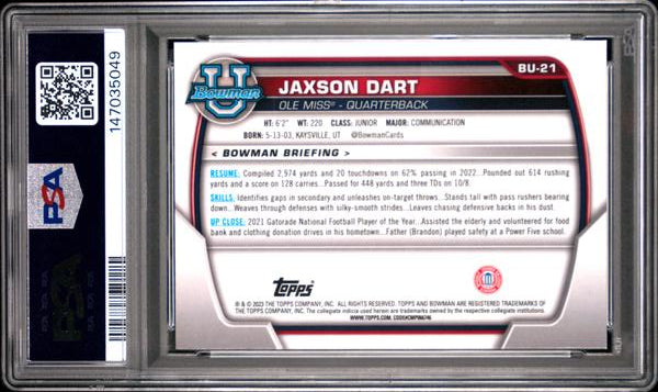 Jaxson Dart 2023 Topps Bowman Chrome University National #21 PSA 8
