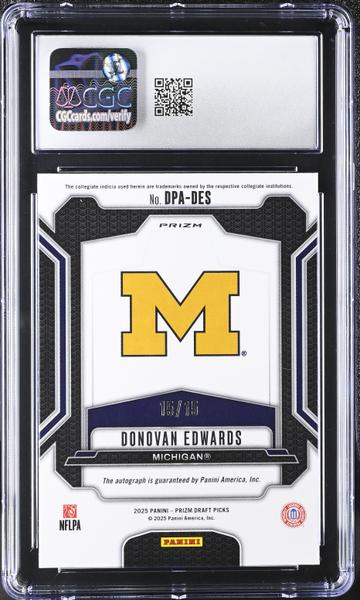 Donovan Edwards Gold Shimmer 15/15 2025 Prizm Draft Picks Autographs #DPA-DES CGC 10 Auto 10-2
