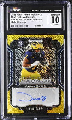 Donovan Edwards Gold Shimmer 15/15 2025 Prizm Draft Picks Autographs #DPA-DES CGC 10 Auto 10-1
