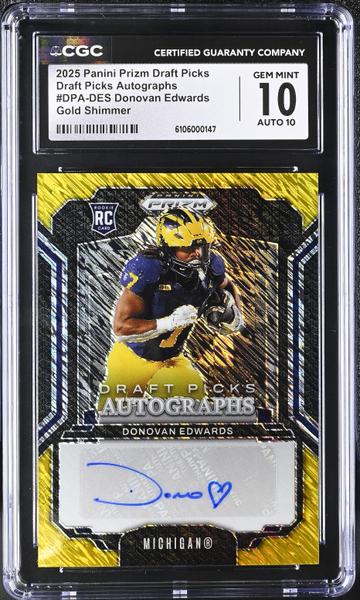 Donovan Edwards Gold Shimmer 15/15 2025 Prizm Draft Picks Autographs #DPA-DES CGC 10 Auto 10