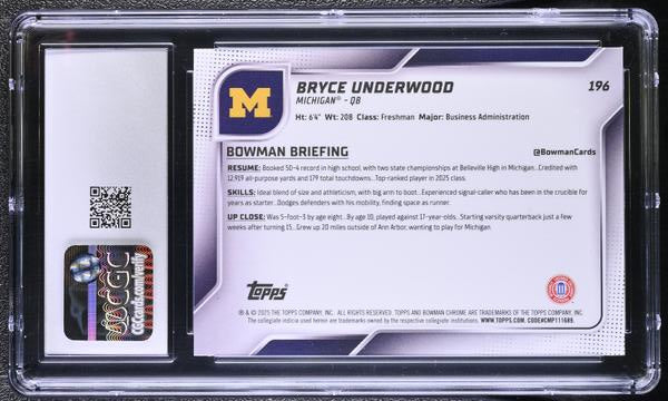 Bryce Underwood X-Fractor 2025 Bowman University Chrome #196 CGC 10