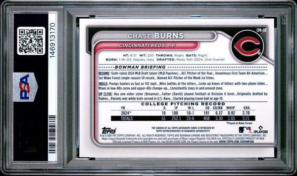 Chase Burns 2024 Bowman Draft Chrome Prospect Autographs #CPACB PSA 8-2