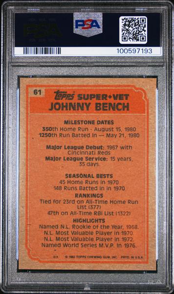 Johnny Bench 1983 Topps #61 PSA 10-2