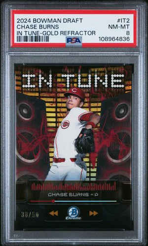 Chase Burns 2024 Bowman Draft In Tune Gold Refractor 38/50 #IT2 PSA 8