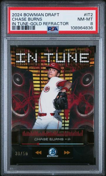 Chase Burns 2024 Bowman Draft In Tune Gold Refractor 38/50 #IT2 PSA 8-1