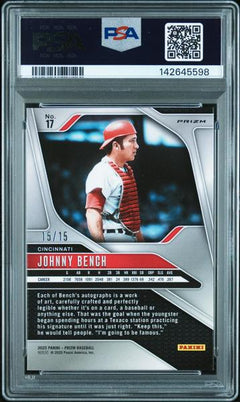 Johnny Bench 2025 Panini Prizm Blue Shimmer FOTL 15/15 PSA 9-2