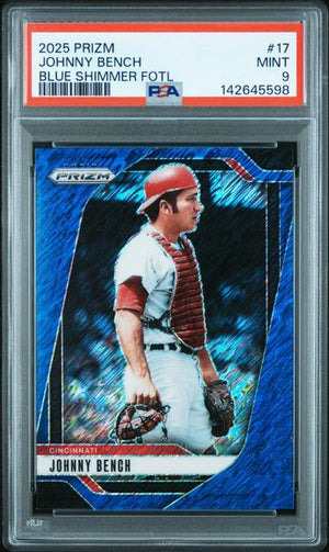 Johnny Bench 2025 Panini Prizm Blue Shimmer FOTL 15/15 PSA 9