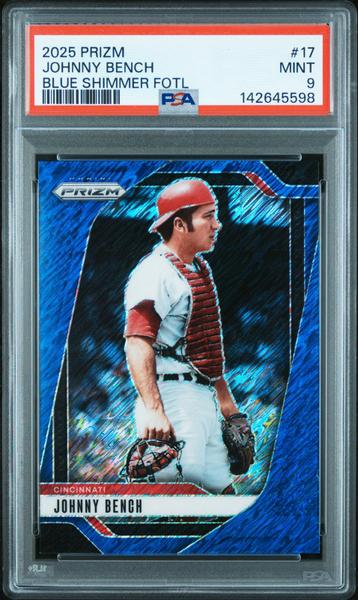 Johnny Bench 2025 Panini Prizm Blue Shimmer FOTL 15/15 PSA 9