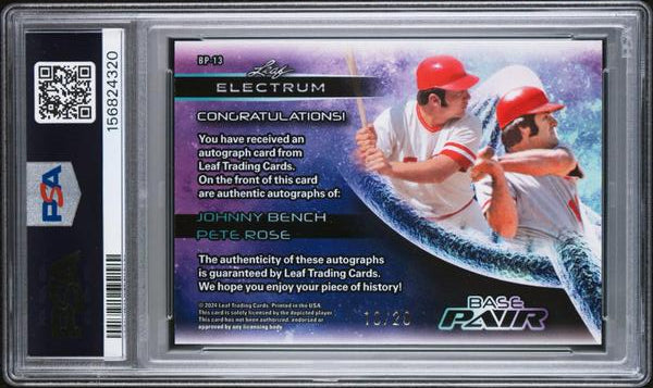 Johnny Bench / Pete Rose 2024 Leaf Electrum Base Pair Platinum Auto 10/20 #BP13 PSA 9-2