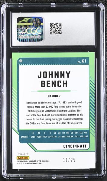 Johnny Bench 2024 Donruss Optic Cracked Ice #61 11/25 CGC 10-2