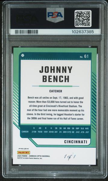 Johnny Bench 2024 Panini Donruss Optic-Gold Vinyl 1/1 #61 PSA 10-2