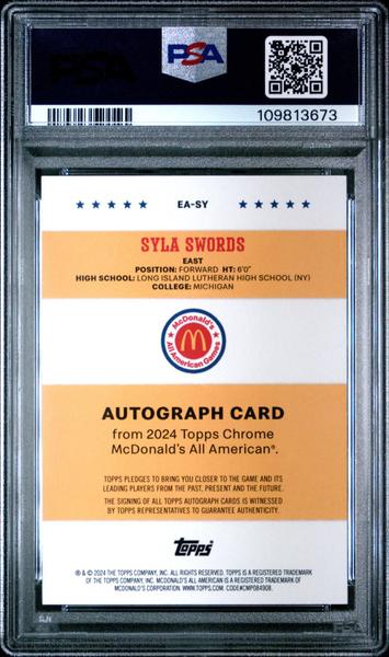 Syla Swords RC 2024 Topps Mcdonald's All American Event Rookie Auto PSA 10-2