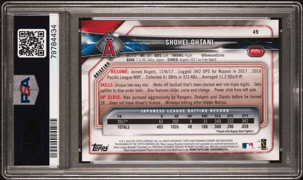 Shohei Ohtani RC 2018 Bowman Pitching Rookie #49 PSA 10-2