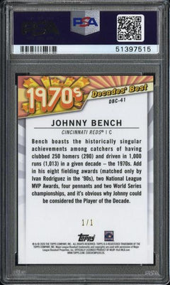 Johnny Bench 2020 Topps Decades Best Superfractor 1/1 #DBC41 PSA 10-2