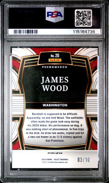 James Wood 2024 Panini Select Phenomenon Gold Prizm 3/10 #20 PSA 9-2
