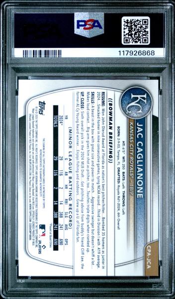 Jac Caglianone 2025 Bowman Chrome Prospect Autograph Mini Diamond 6/100 #CPAJCA PSA 9-2