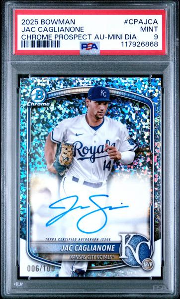 Jac Caglianone 2025 Bowman Chrome Prospect Autograph Mini Diamond 6/100 #CPAJCA PSA 9